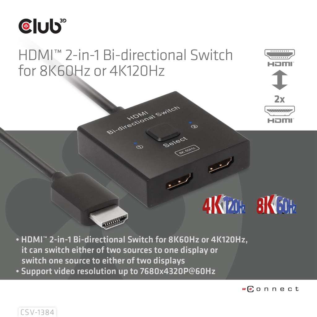 HDMI™ 2-in-1 Bi-directional Switch for 8K60Hz or 4K120Hz