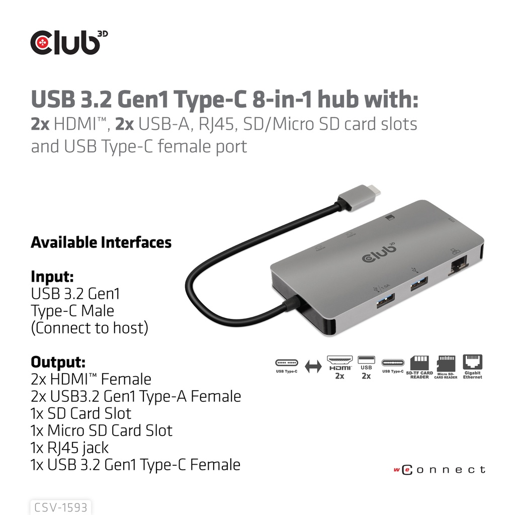 USB-C®5Gbps 8-in-1 hub with 2x HDMI™, 2x USB-A, RJ45, SD/Micro SD card slots and USB-C®female port