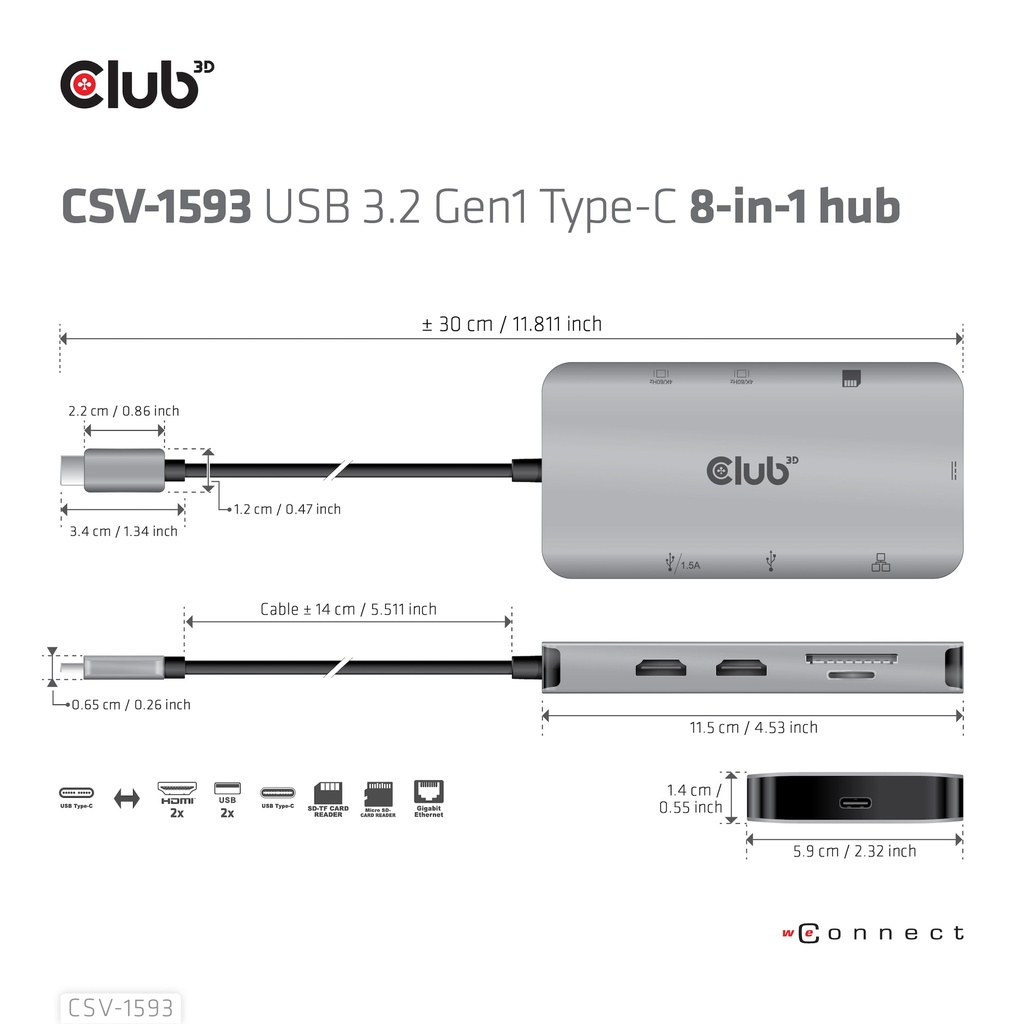USB-C®5Gbps 8-in-1 hub with 2x HDMI™, 2x USB-A, RJ45, SD/Micro SD card slots and USB-C®female port