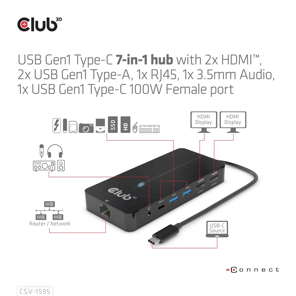 USB-C®5Gbps 7-in-1 hub with 2x HDMI™, 2x USB-A 5Gbps, 1x RJ45, 1x 3.5mm Audio, 1x USB-C® 5Gbps 100W Female port