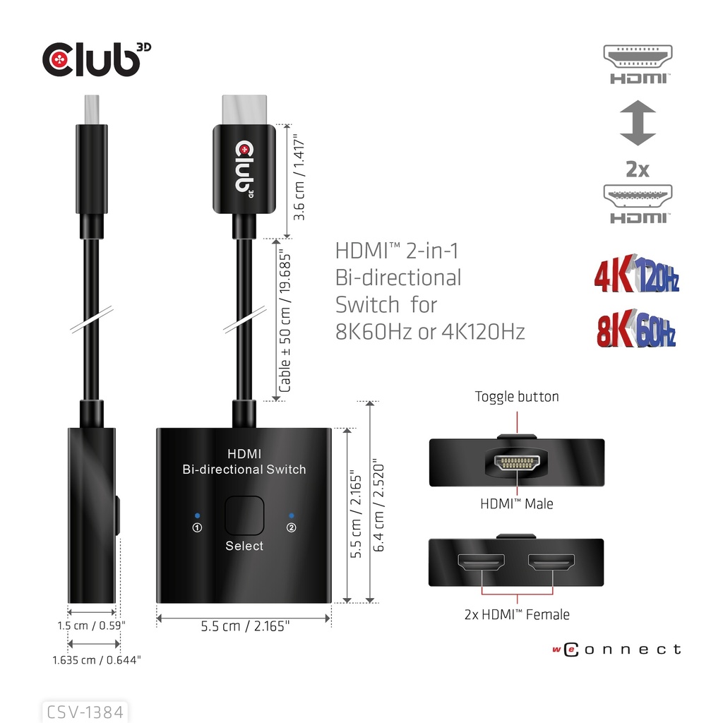 HDMI™ 2-in-1 Bi-directional Switch for 8K60Hz or 4K120Hz