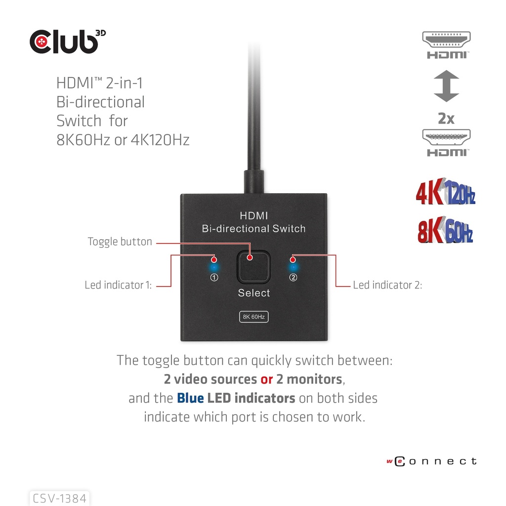 HDMI™ 2-in-1 Bi-directional Switch for 8K60Hz or 4K120Hz