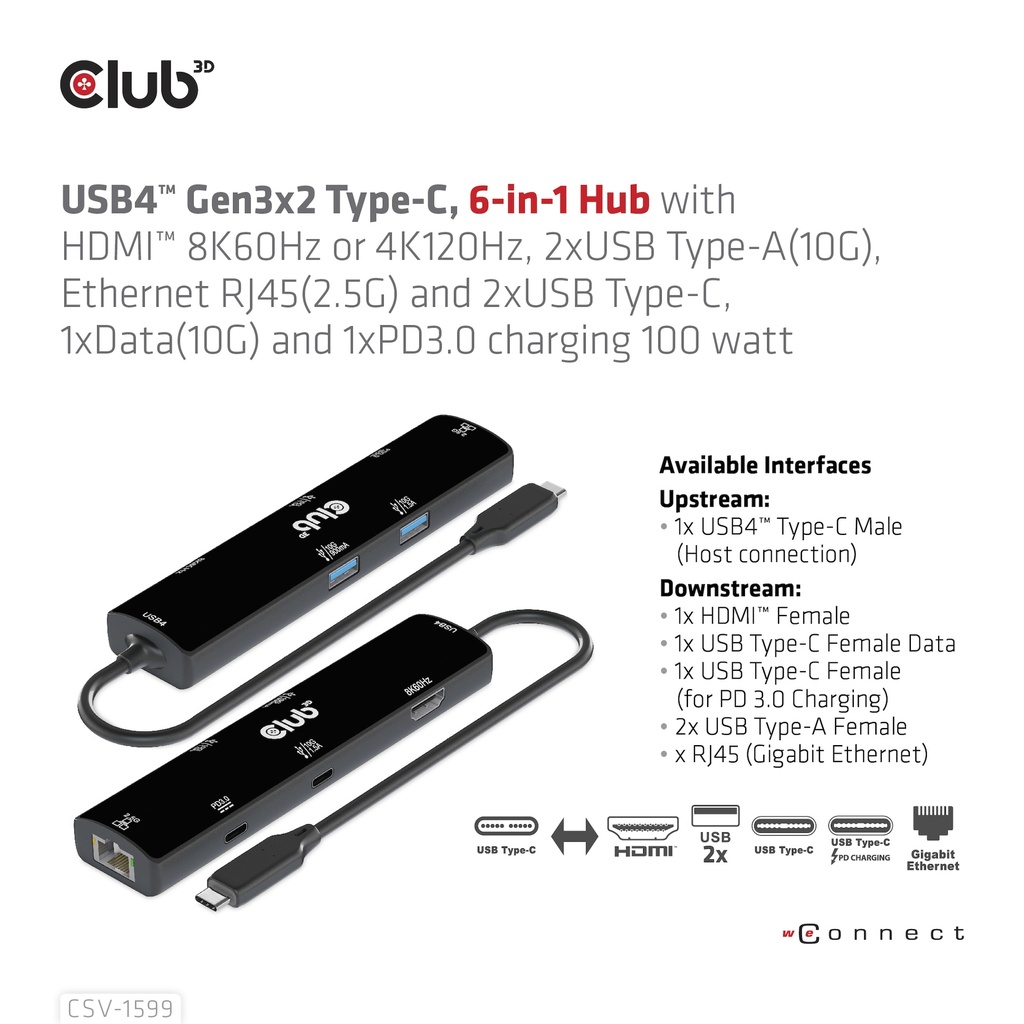 USB-C®10Gbps, 6-in-1 Hub with HDMI™ 8K60Hz or 4K120Hz, 2xUSB Type-A(10G), Ethernet RJ45(2.5G) and 2xUSB-C®, 1x Data(10G) and 1xPD3.0 charging 100 watt