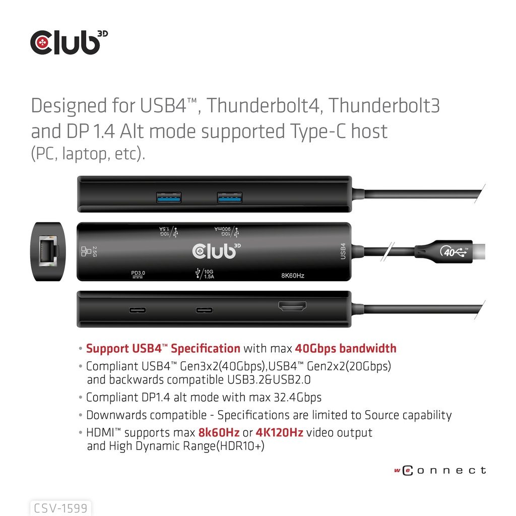 USB-C®10Gbps, 6-in-1 Hub with HDMI™ 8K60Hz or 4K120Hz, 2xUSB Type-A(10G), Ethernet RJ45(2.5G) and 2xUSB-C®, 1x Data(10G) and 1xPD3.0 charging 100 watt
