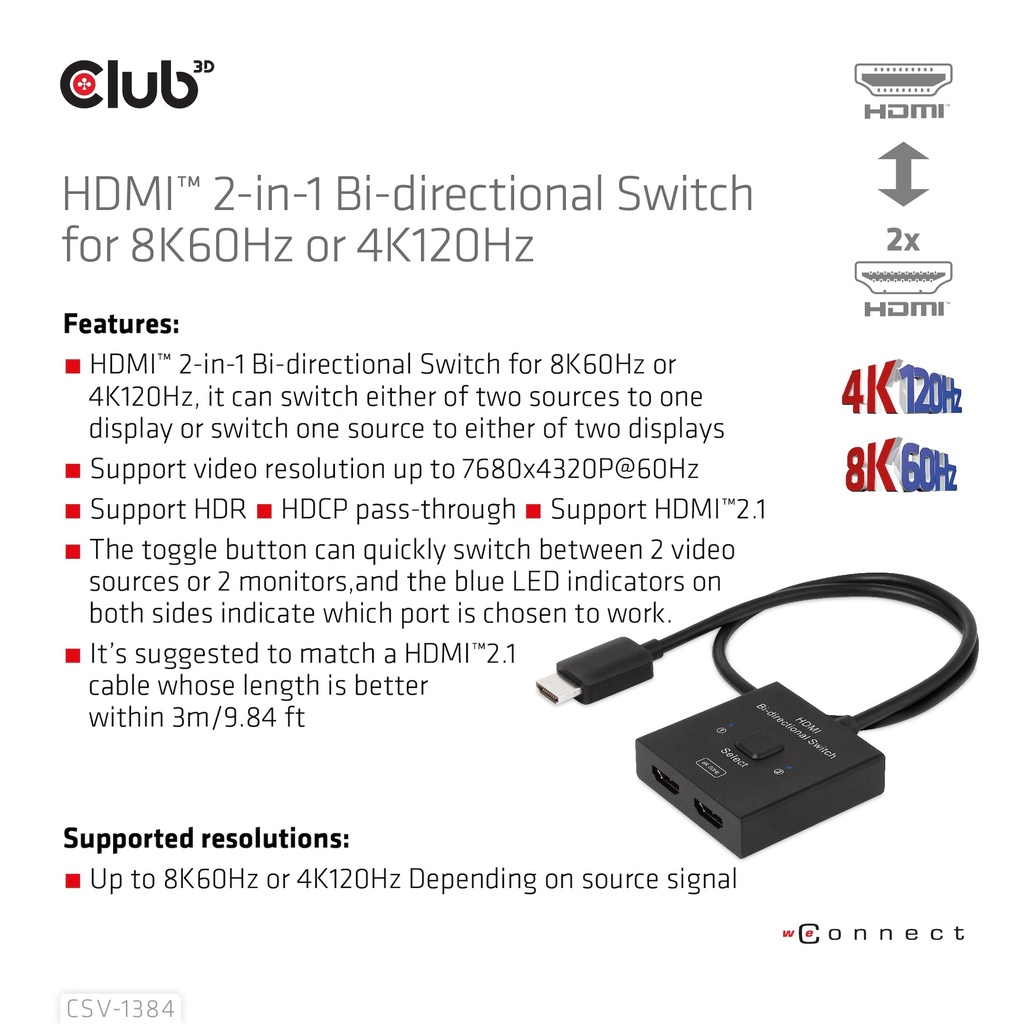 HDMI™ 2-in-1 Bi-directional Switch for 8K60Hz or 4K120Hz