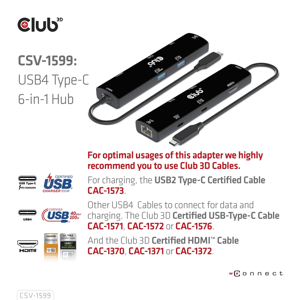 USB-C®10Gbps, 6-in-1 Hub with HDMI™ 8K60Hz or 4K120Hz, 2xUSB Type-A(10G), Ethernet RJ45(2.5G) and 2xUSB-C®, 1x Data(10G) and 1xPD3.0 charging 100 watt
