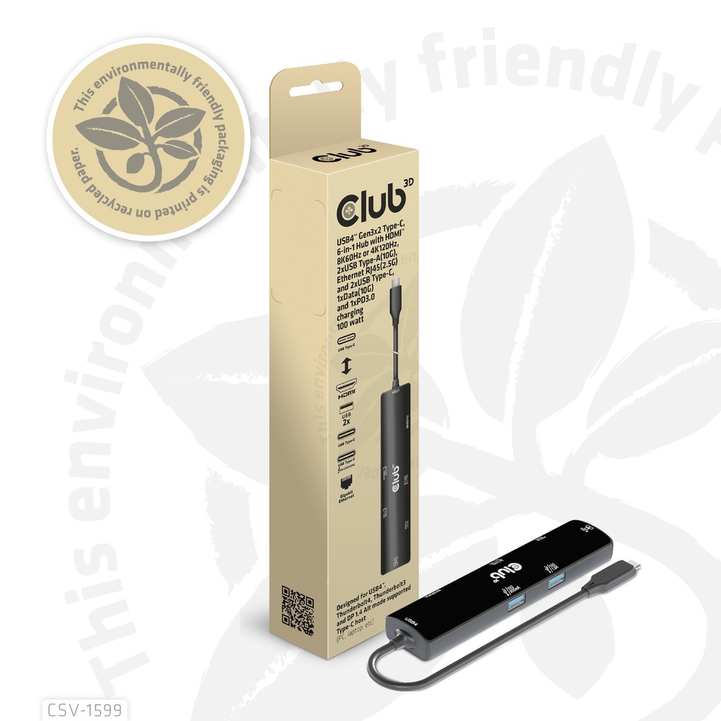 USB-C®10Gbps, 6-in-1 Hub with HDMI™ 8K60Hz or 4K120Hz, 2xUSB Type-A(10G), Ethernet RJ45(2.5G) and 2xUSB-C®, 1x Data(10G) and 1xPD3.0 charging 100 watt