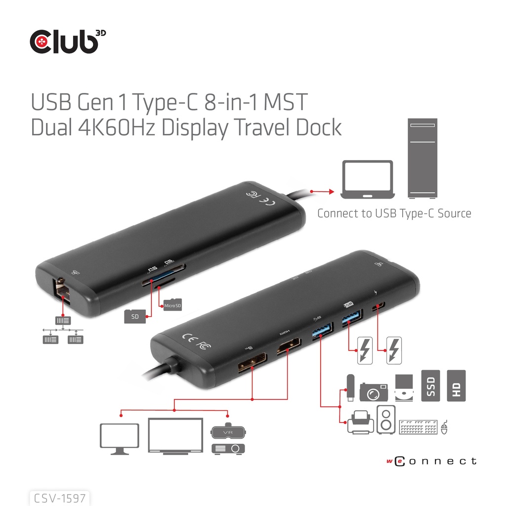 USB-C®5Gbps  8-in-1 MST Dual 4K60Hz Display Travel Dock