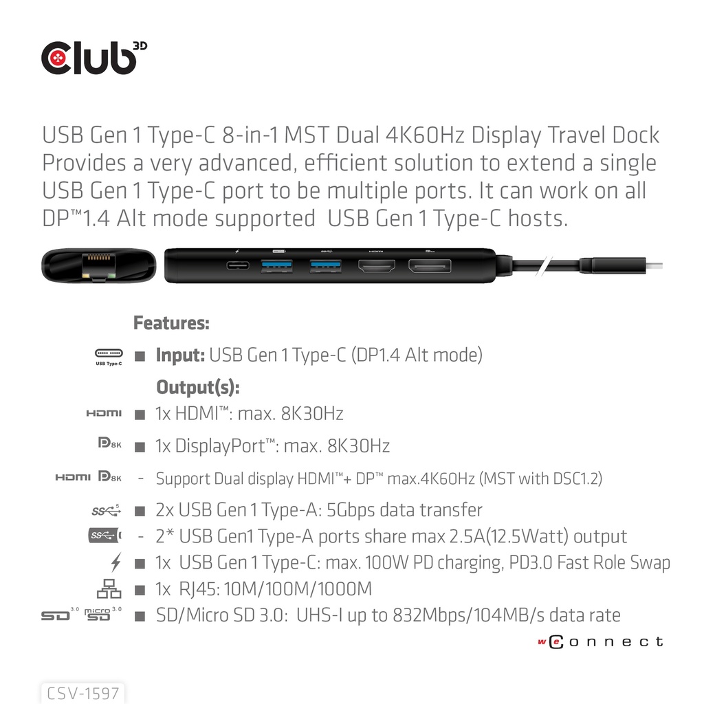 USB-C®5Gbps  8-in-1 MST Dual 4K60Hz Display Travel Dock