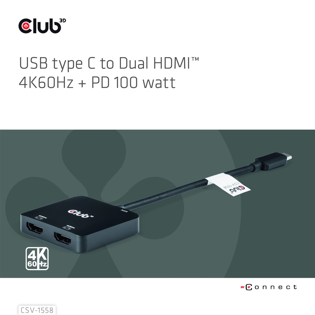 USB-C® MST Hub to Dual HDMI™ 4K60Hz M/F+PD3.0 100 Watt