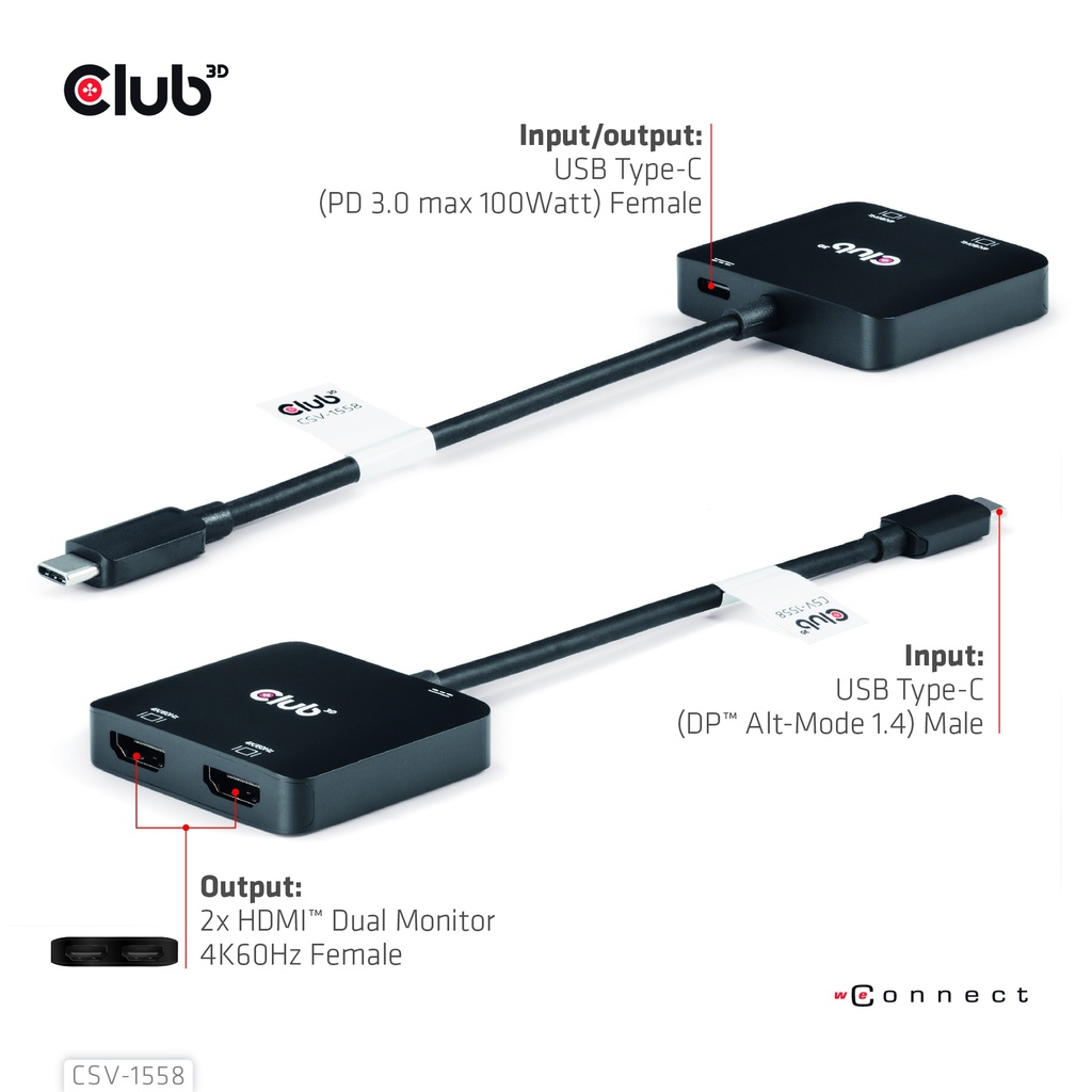 USB-C® MST Hub to Dual HDMI™ 4K60Hz M/F+PD3.0 100 Watt