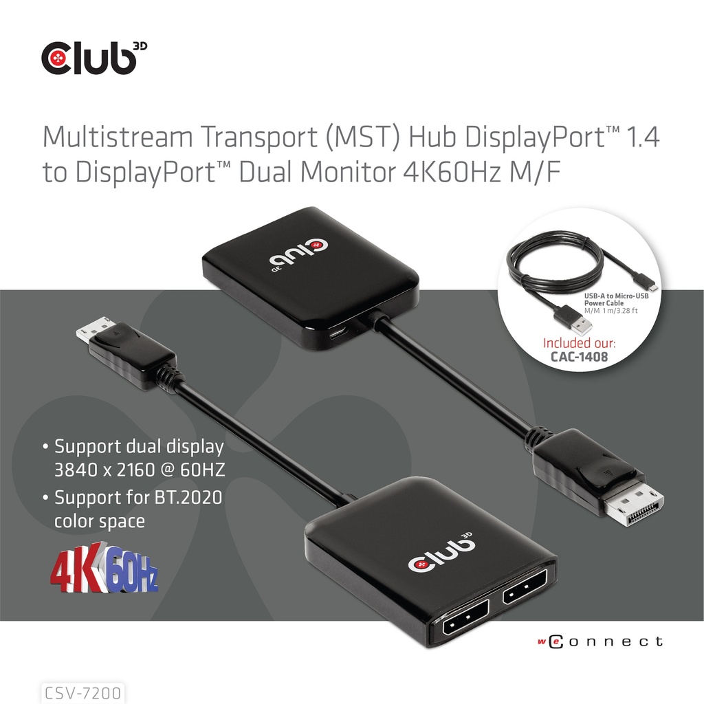 Multistream Transport (MST) Hub DisplayPort™ 1.4 to DisplayPort™ Dual Monitor 4K60Hz M/F