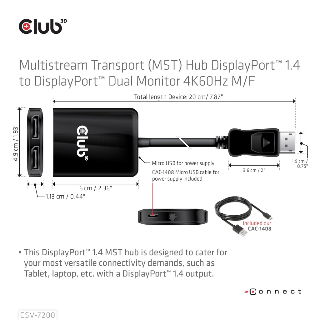 Multistream Transport (MST) Hub DisplayPort™ 1.4 to DisplayPort™ Dual Monitor 4K60Hz M/F