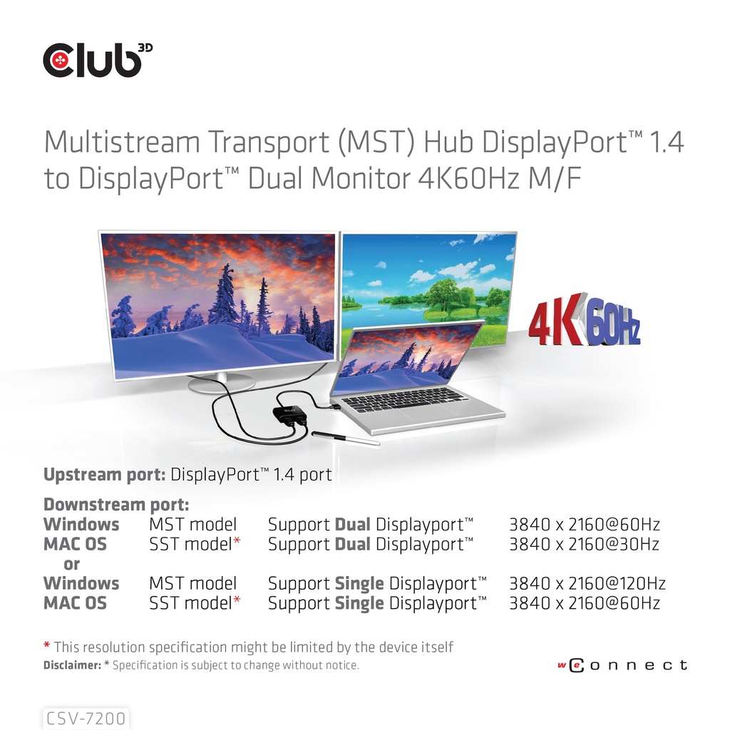 Multistream Transport (MST) Hub DisplayPort™ 1.4 to DisplayPort™ Dual Monitor 4K60Hz M/F