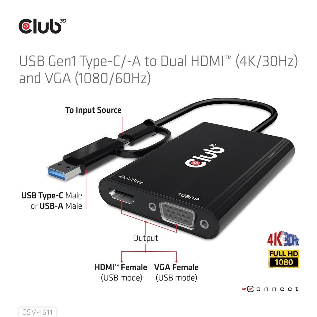 USB-C®/A 5Gbps to Dual HDMI™ (4K/30Hz) / VGA (1080/60Hz)
