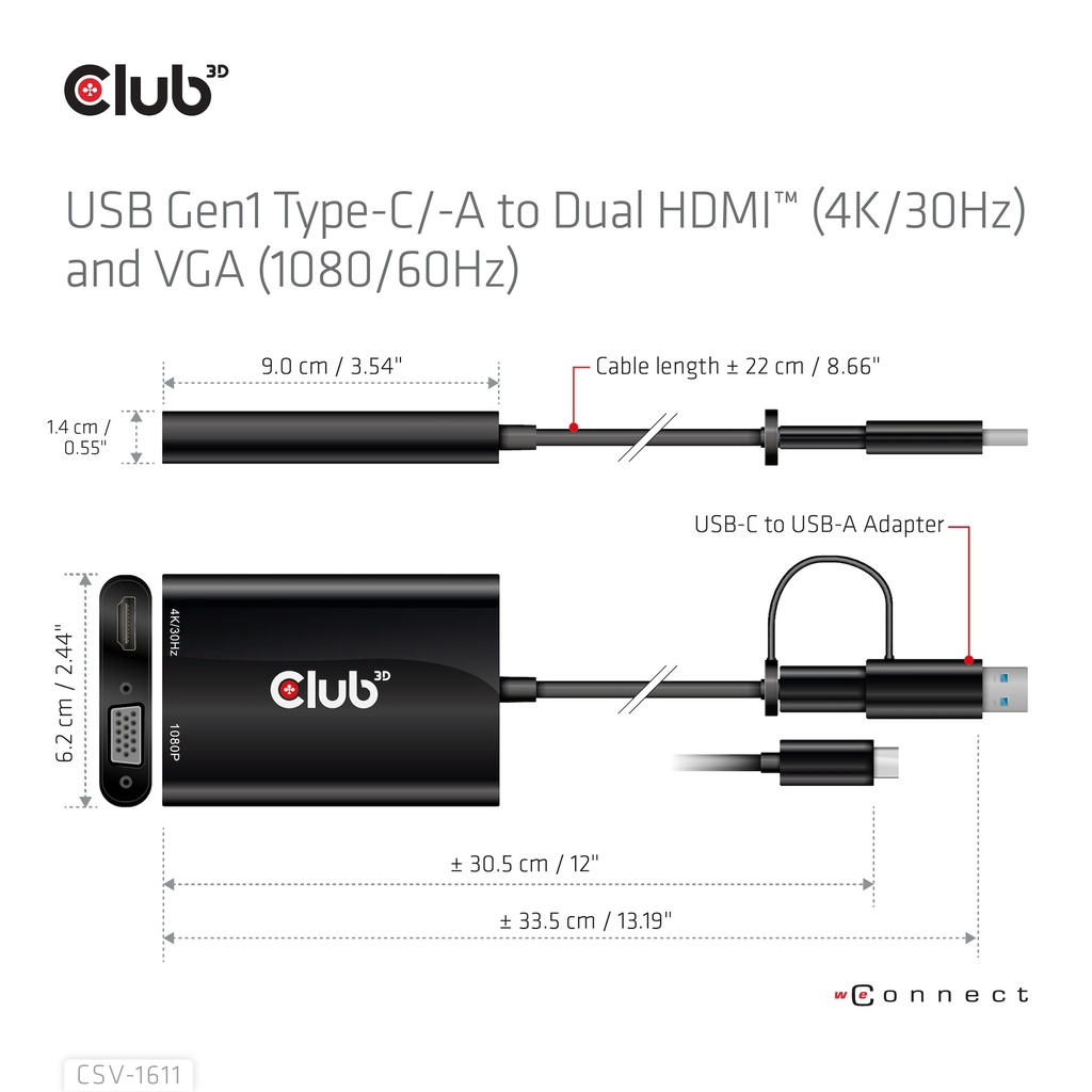 USB-C®/A 5Gbps to Dual HDMI™ (4K/30Hz) / VGA (1080/60Hz)