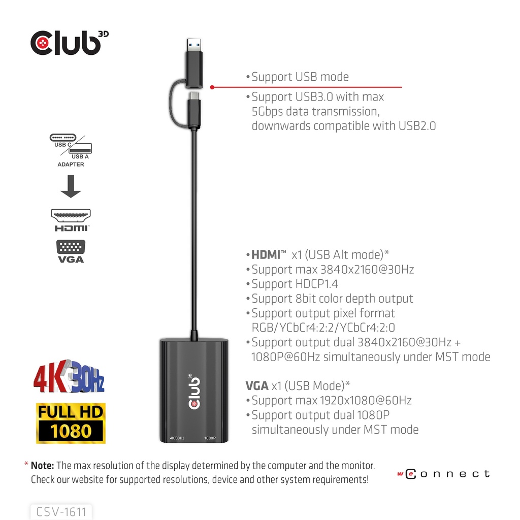 USB-C®/A 5Gbps to Dual HDMI™ (4K/30Hz) / VGA (1080/60Hz)