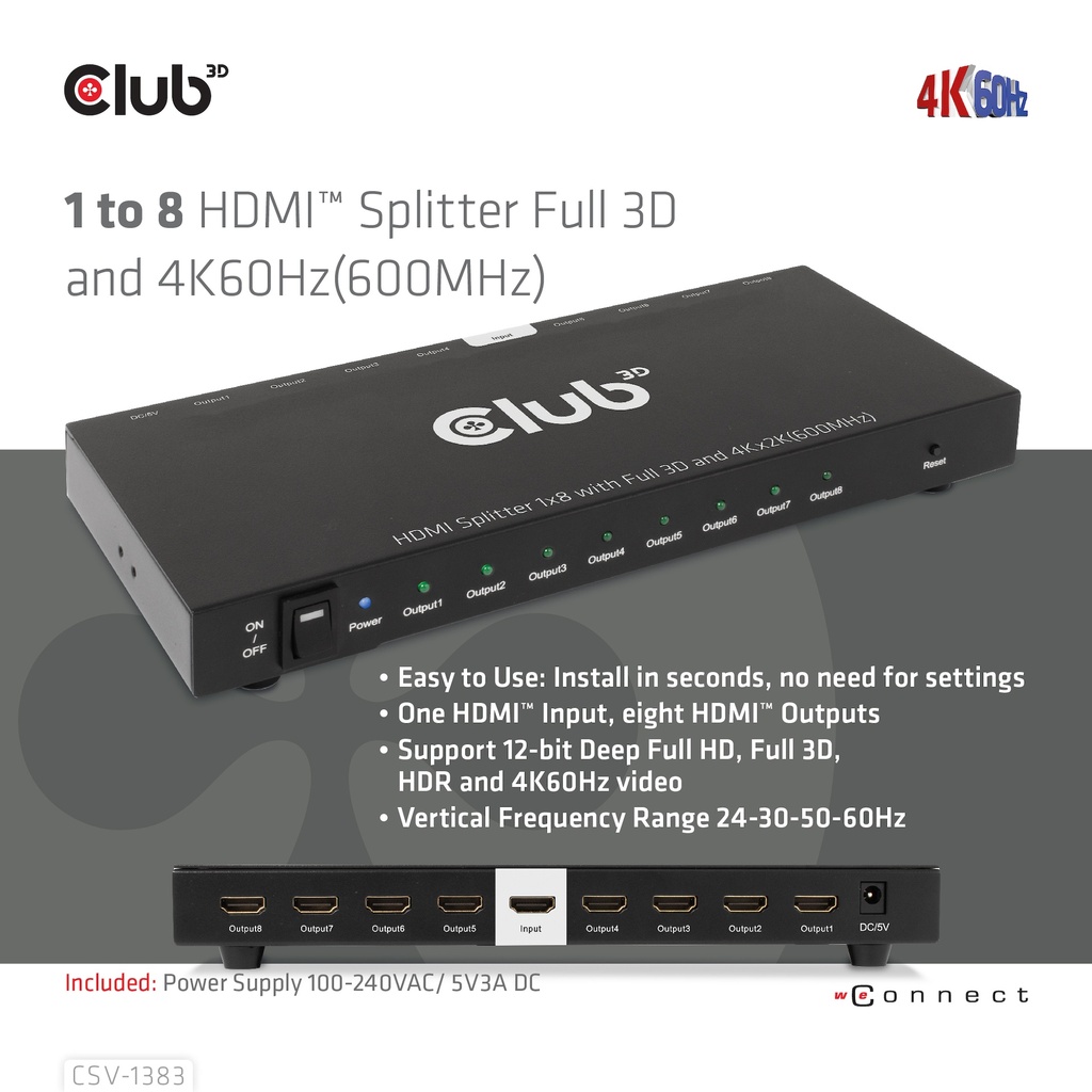 1 to 8 HDMI™ Splitter Full 3D and 4K60Hz(600MHz)