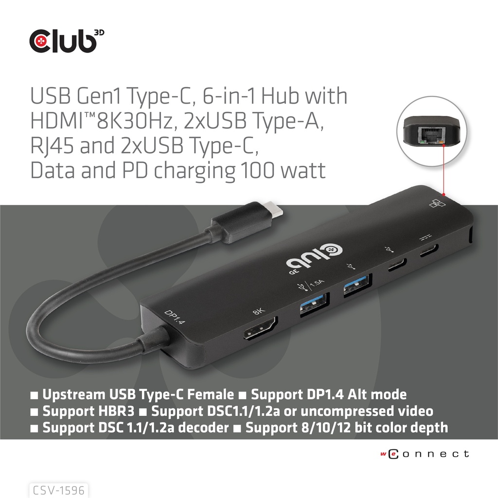 USB-C®5Gbps 6-in-1 Hub with HDMI™ 8K30Hz-4K120Hz, 2xUSB Type-A, RJ45 and 2xUSB-C®, Data and PD charging 100 watt