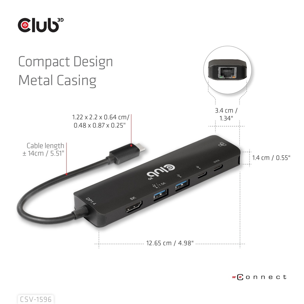 USB-C®5Gbps 6-in-1 Hub with HDMI™ 8K30Hz-4K120Hz, 2xUSB Type-A, RJ45 and 2xUSB-C®, Data and PD charging 100 watt