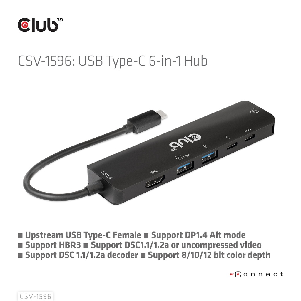 USB-C®5Gbps 6-in-1 Hub with HDMI™ 8K30Hz-4K120Hz, 2xUSB Type-A, RJ45 and 2xUSB-C®, Data and PD charging 100 watt