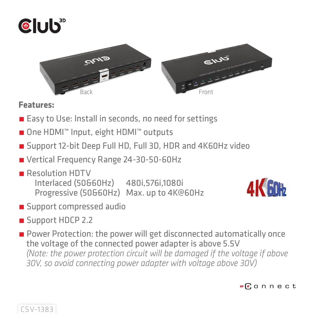 1 to 8 HDMI™ Splitter Full 3D and 4K60Hz(600MHz)