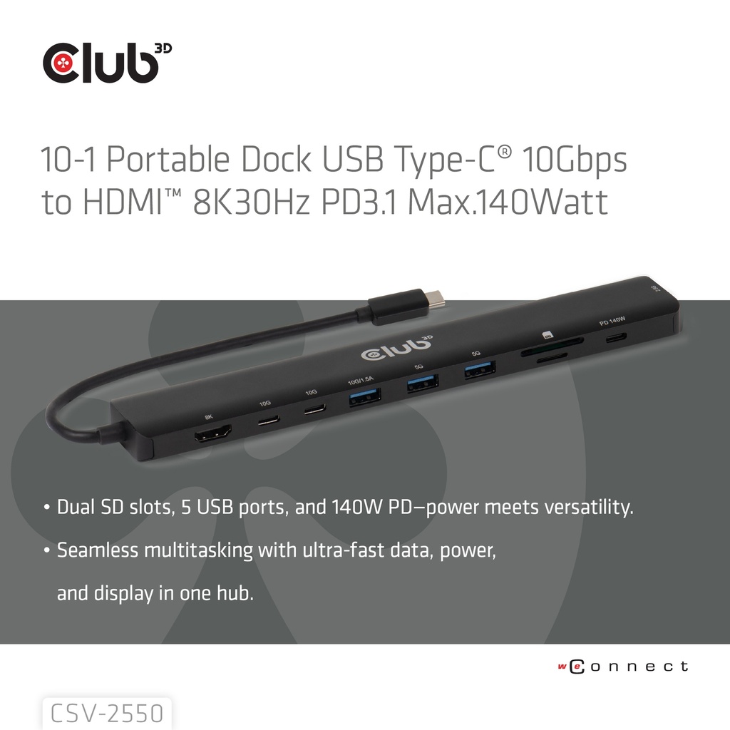 10-1 Portable Dock USB-C® 10Gbps to HDMI™ 8K30Hz PD3.1 Max.140Watt