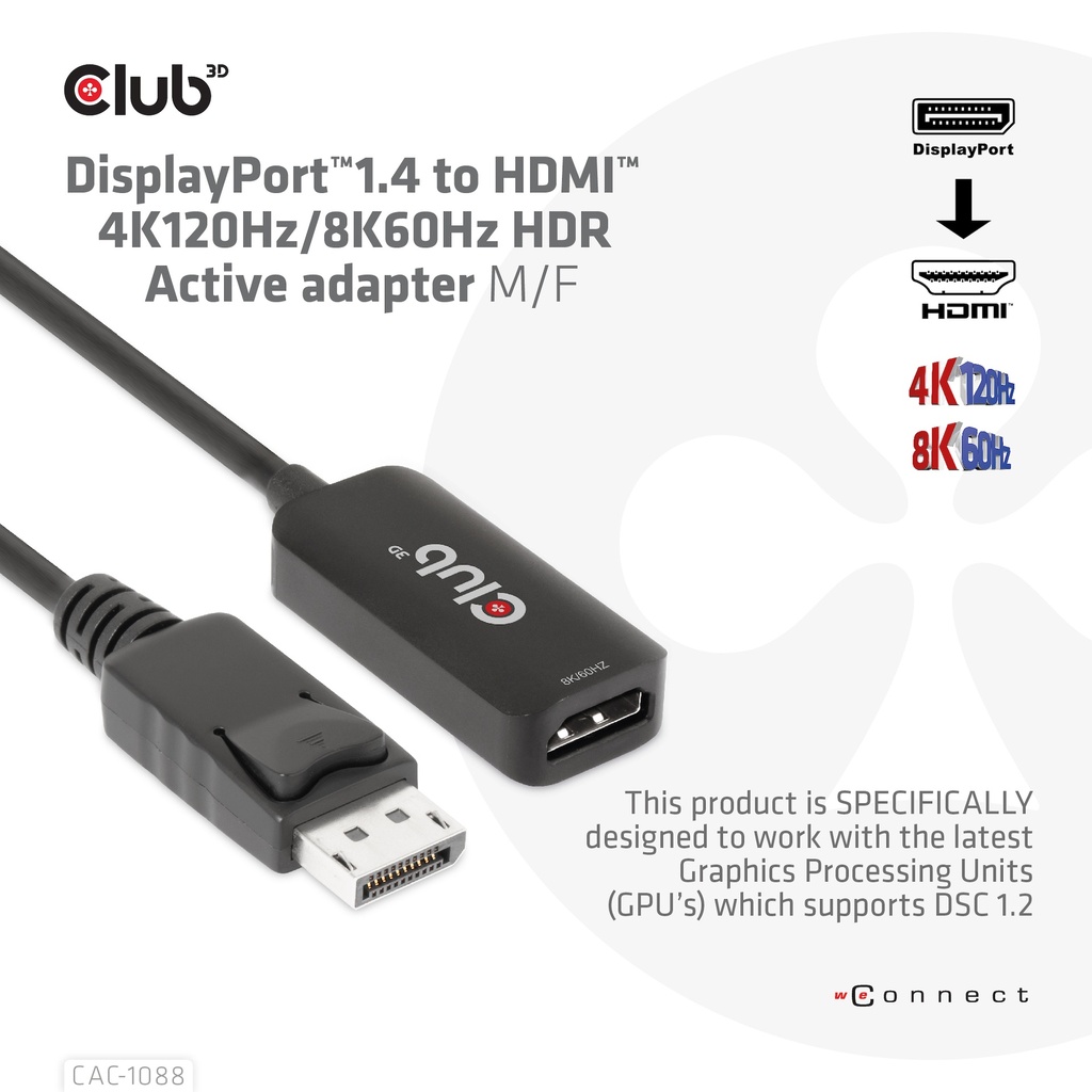 DisplayPort™ 1.4 to HDMI™ 4K120Hz 8k60 Hz HDR Active Adapter M/F