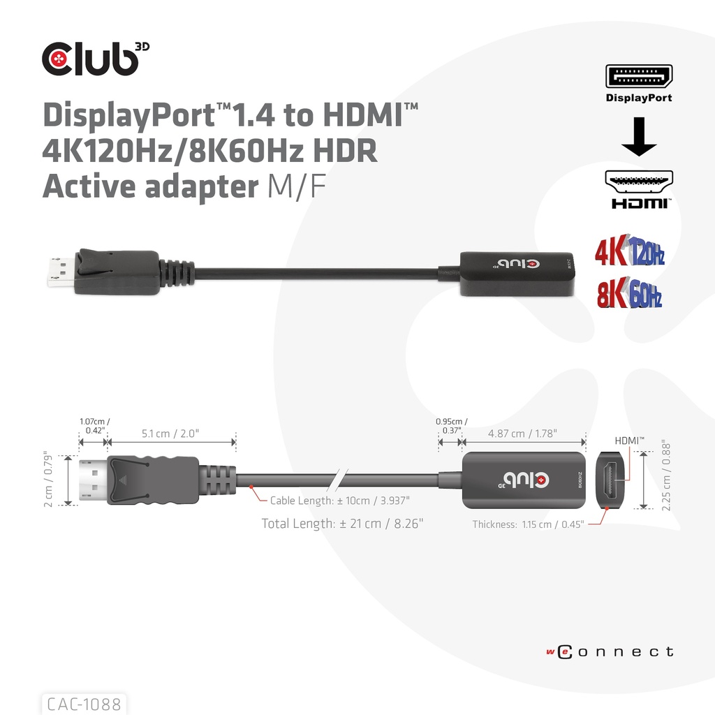 DisplayPort™ 1.4 to HDMI™ 4K120Hz 8k60 Hz HDR Active Adapter M/F