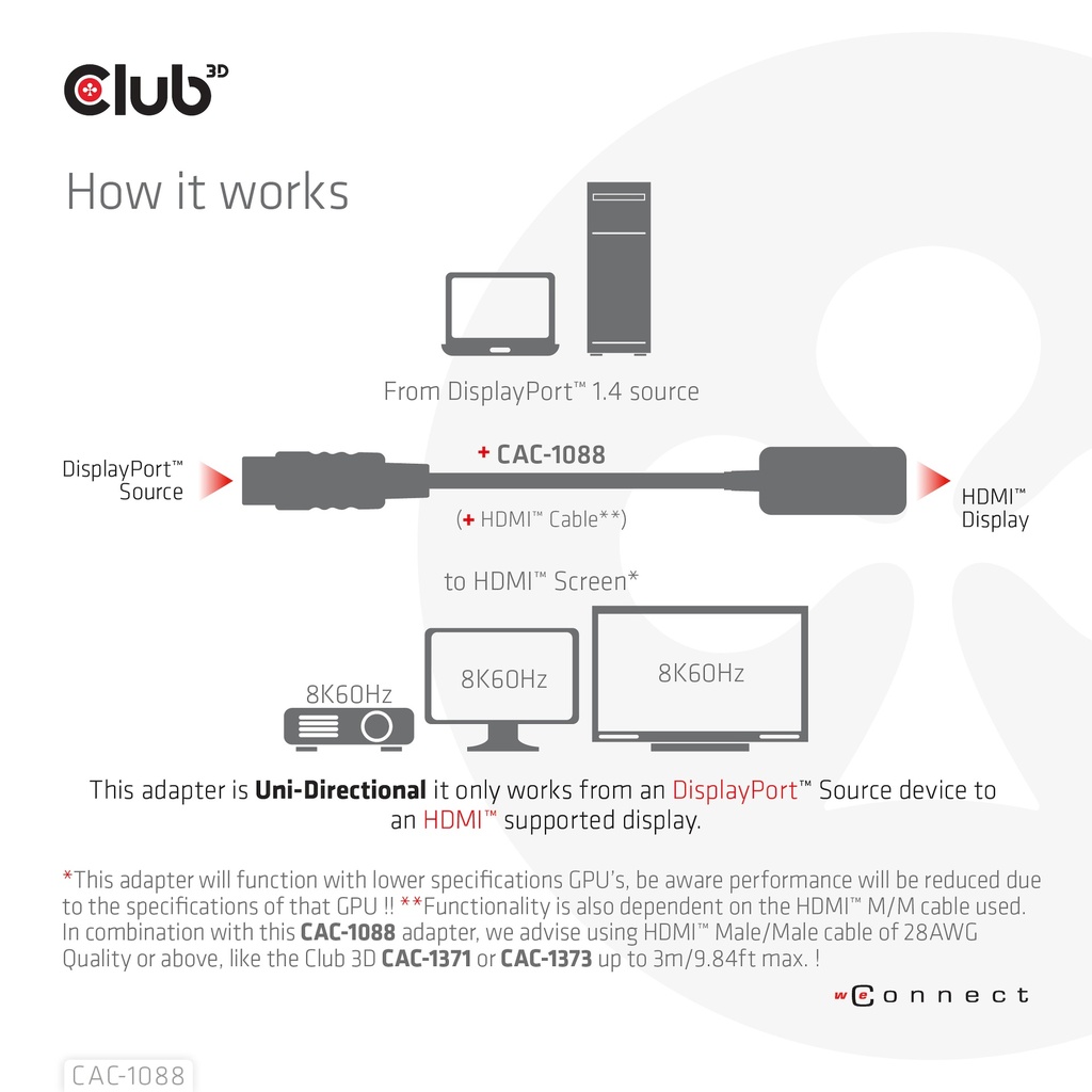 DisplayPort™ 1.4 to HDMI™ 4K120Hz 8k60 Hz HDR Active Adapter M/F
