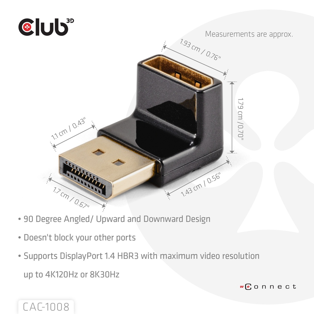 DisplayPort™ Male to DisplayPort™ 1.4 Female 90 Degree Angled Adapter 4K120Hz M/F