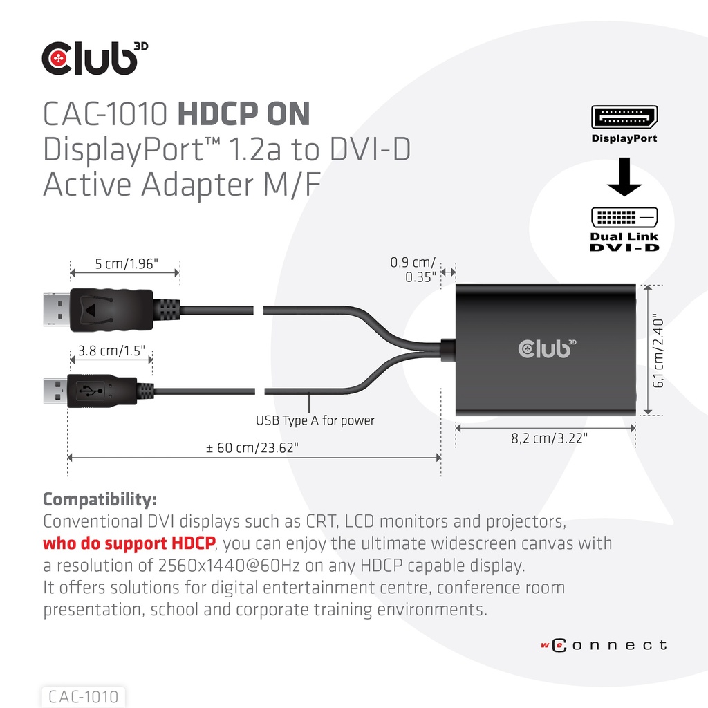 DisplayPort™ to Dual Link DVI-D HDCP ON version Active Adapter M/F 