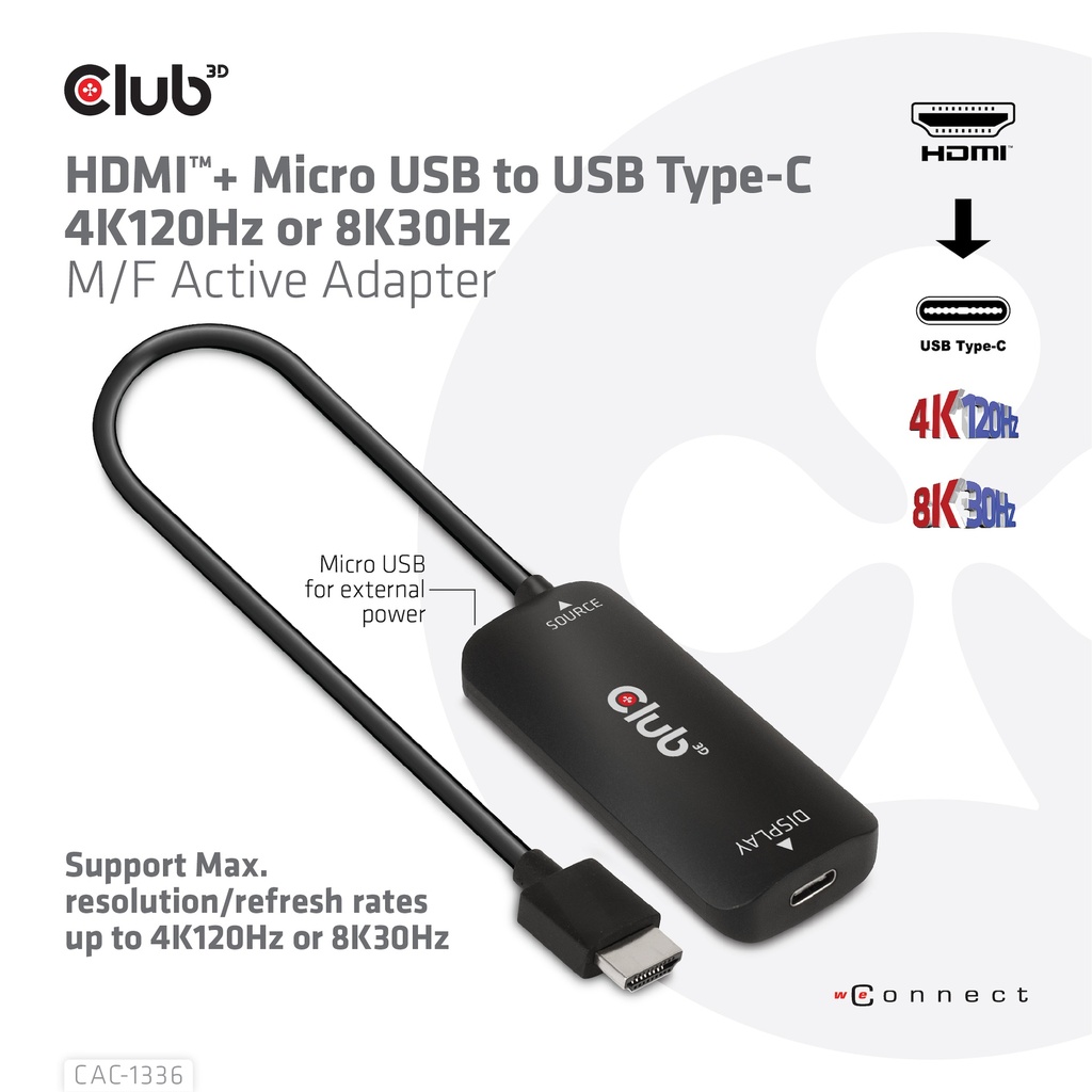 HDMI™ + Micro USB to USB -C® 4K120Hz or 8K30Hz M/F Active Adapter
