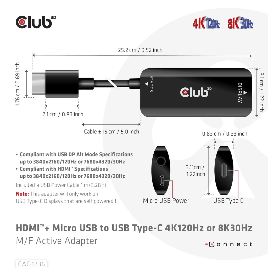HDMI™ + Micro USB to USB -C® 4K120Hz or 8K30Hz M/F Active Adapter
