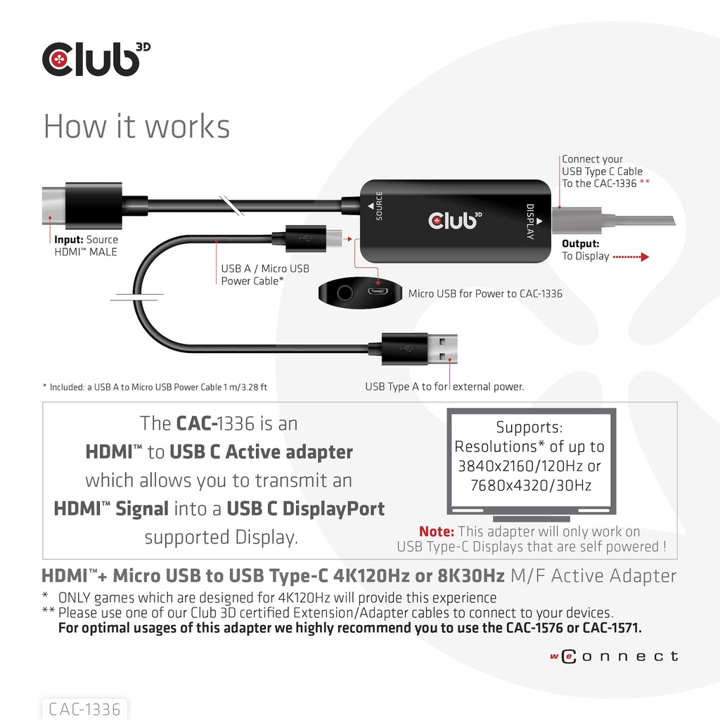 HDMI™ + Micro USB to USB -C® 4K120Hz or 8K30Hz M/F Active Adapter