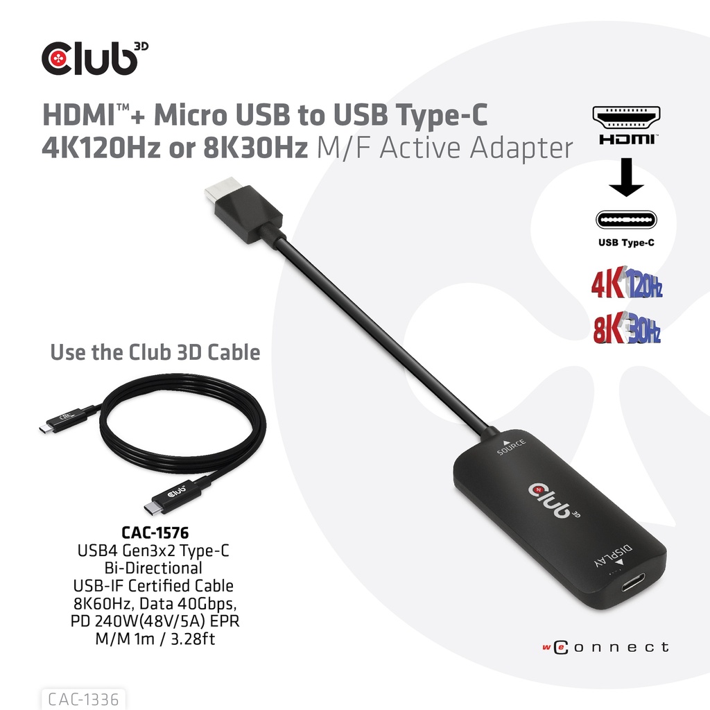 HDMI™ + Micro USB to USB -C® 4K120Hz or 8K30Hz M/F Active Adapter