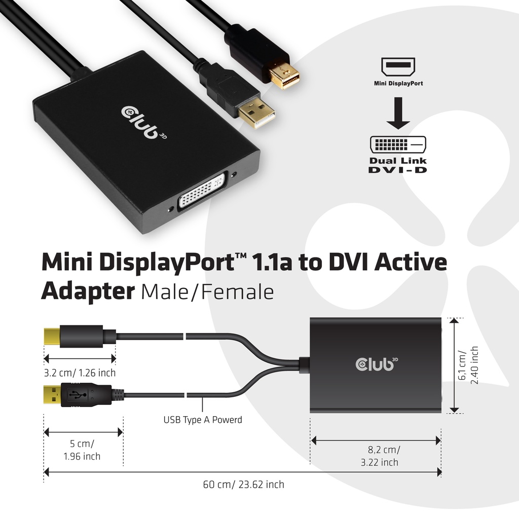 Mini DisplayPort™ to Dual Link DVI, HDCP ON version Active Adapter (for Displays With HDCP Support) 