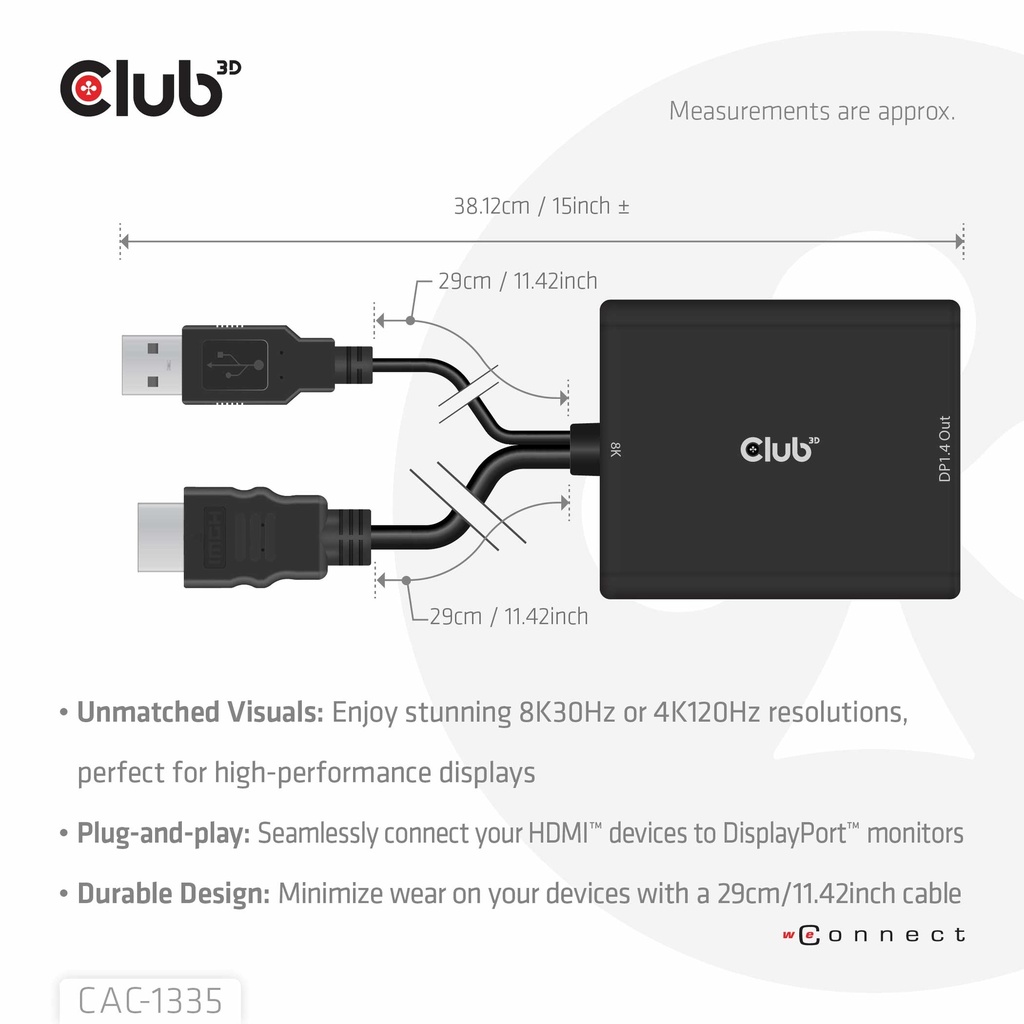 HDMI™ + USB Bus powered to DisplayPort™ 4K120Hz or 8K30Hz M/F Adapter
