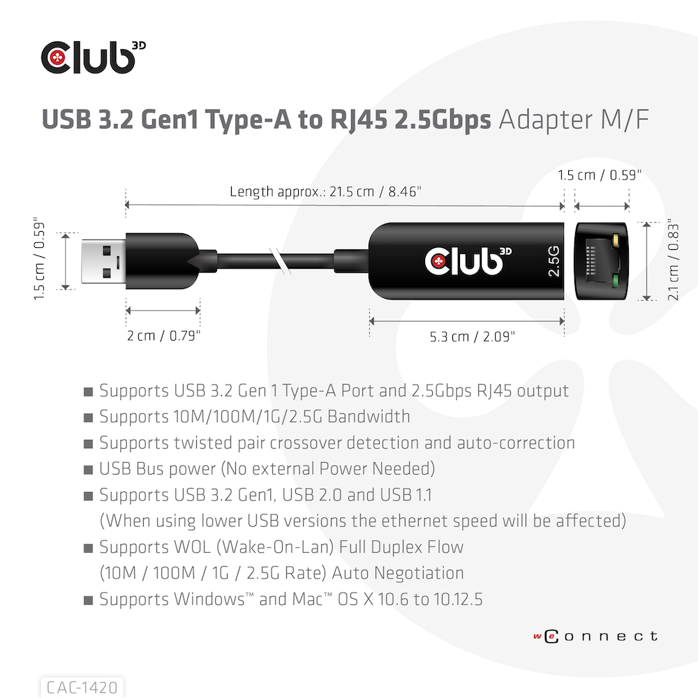 USB-A 5Gbps to RJ45 Ethernet 2.5G Adapter M/F