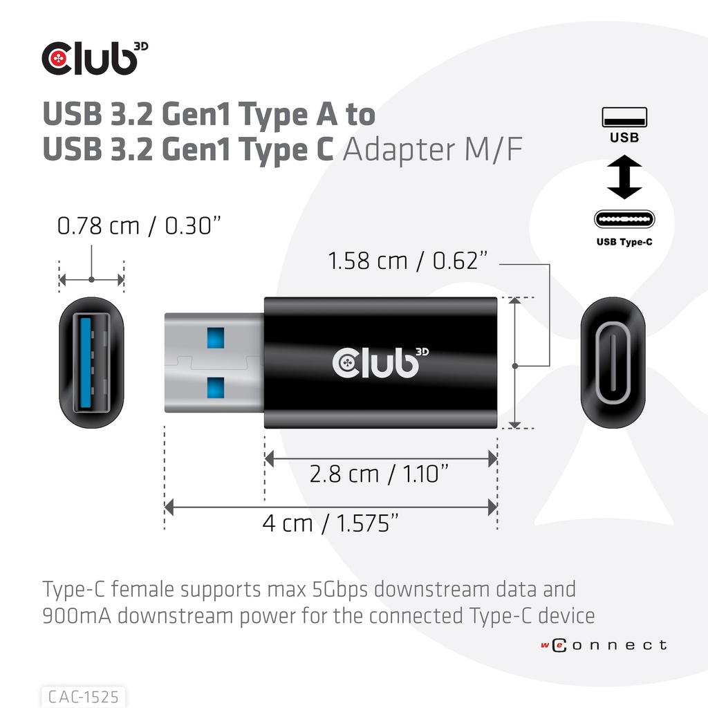 USB-A 5Gbps to USB-C® Adapter M/F