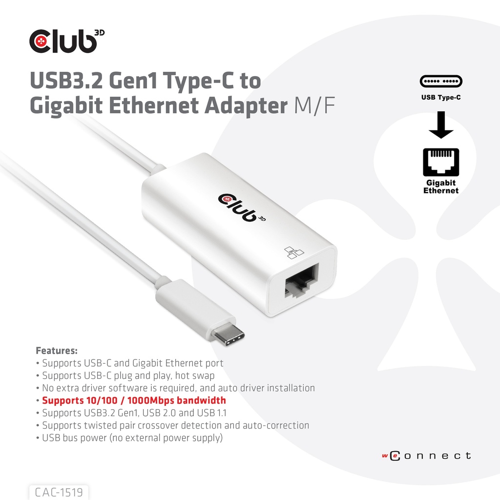 USB-C® RJ45 Ethernet 1G Adapter  M/F