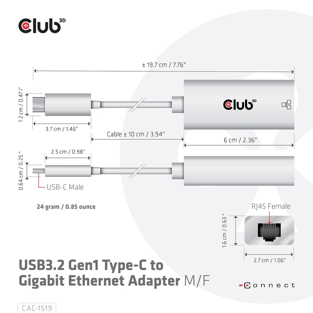 USB-C® RJ45 Ethernet 1G Adapter  M/F