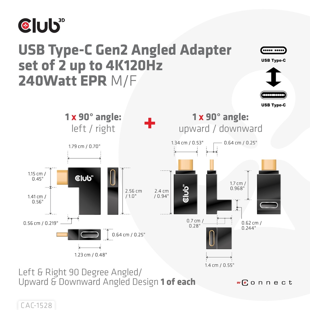 USB-C® 10Gbps Angled Adapter set of 2 up to 4K120Hz M/F