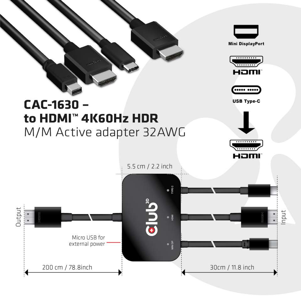 USB-C® + HDMI™ + MiniDisplayPort™ 1.2 to HDMI™ 4K60Hz HDR M/M Active Adapter 32AWG
