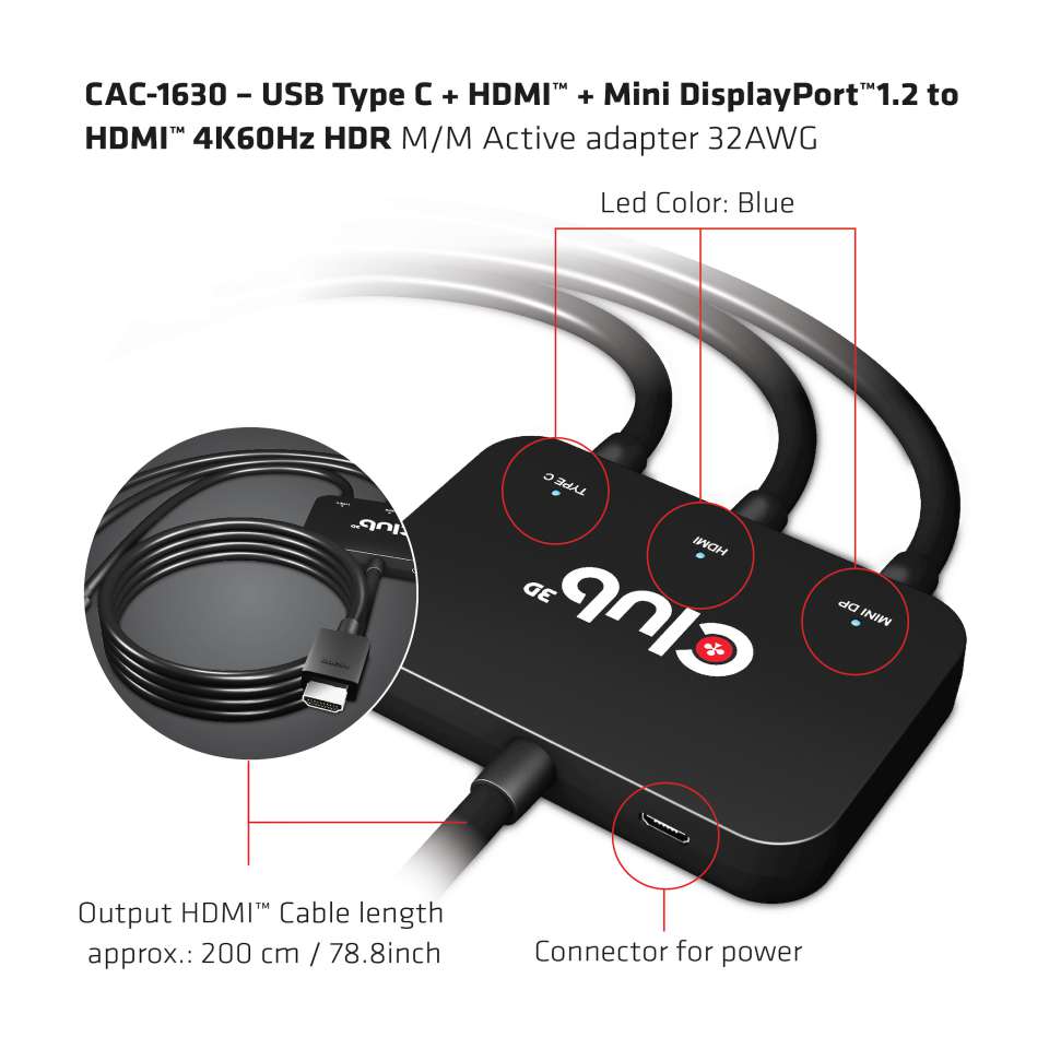 USB-C® + HDMI™ + MiniDisplayPort™ 1.2 to HDMI™ 4K60Hz HDR M/M Active Adapter 32AWG