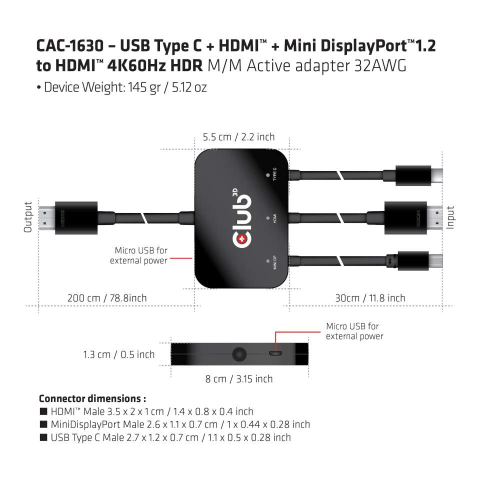USB-C® + HDMI™ + MiniDisplayPort™ 1.2 to HDMI™ 4K60Hz HDR M/M Active Adapter 32AWG