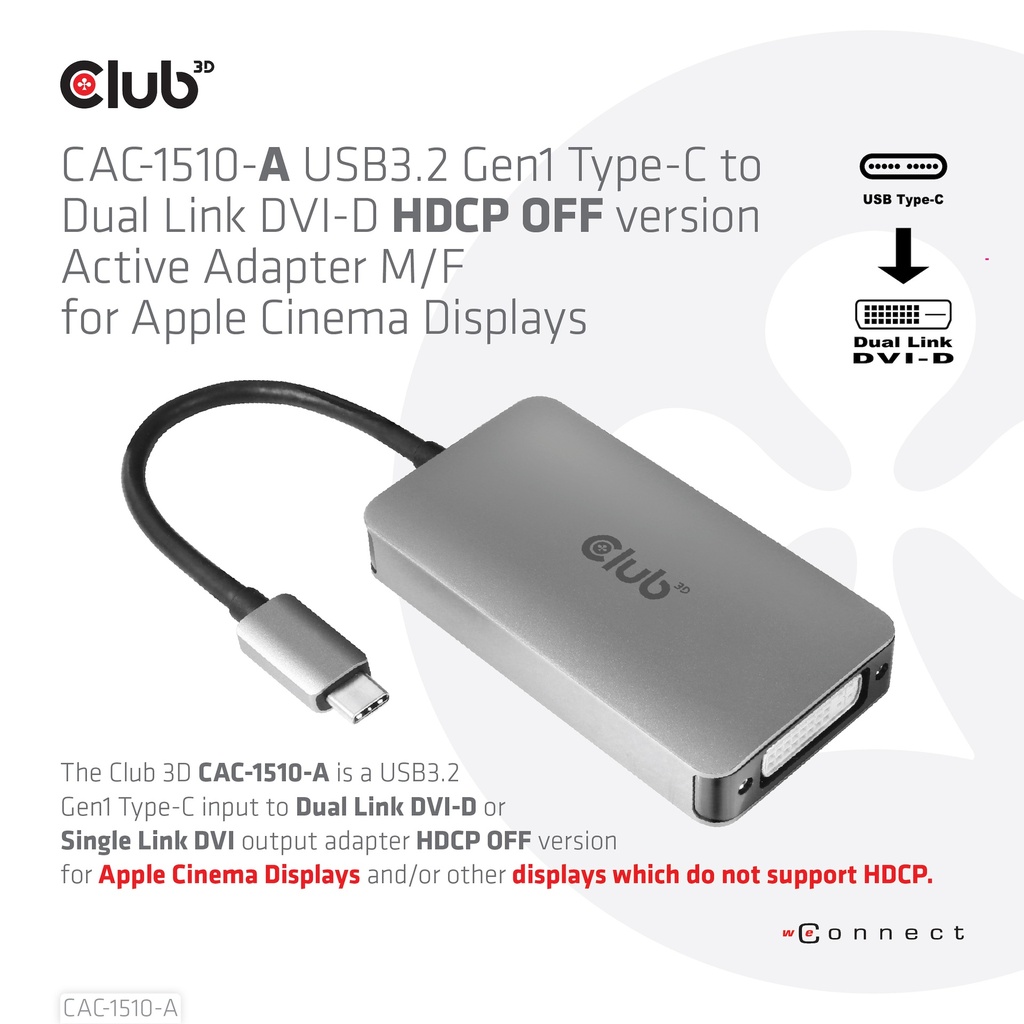USB-C® to Dual Link DVI-D HDCP OFF version Active Adapter M/F for Apple Cinema Displays