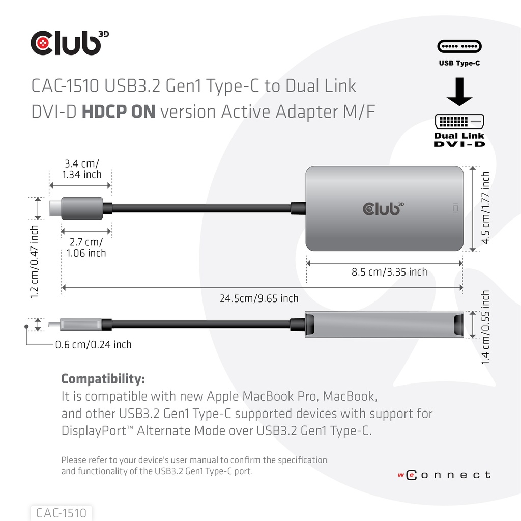 USB-C® to Dual Link DVI-D HDCP ON version Active Adapter M/F