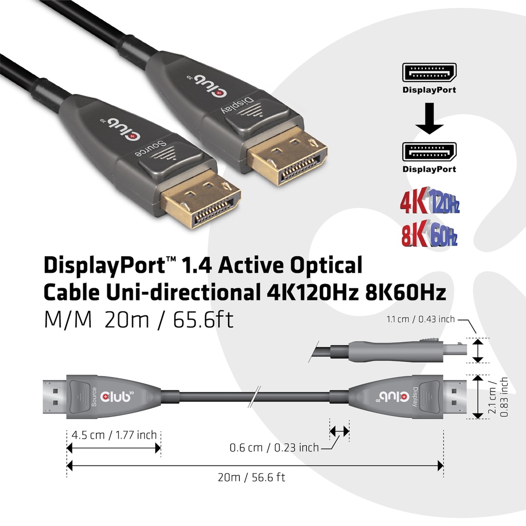 DisplayPort™ 1.4 Active Optical Cable Unidirectional 4K120Hz 8K60Hz M/M 20m/65.62ft