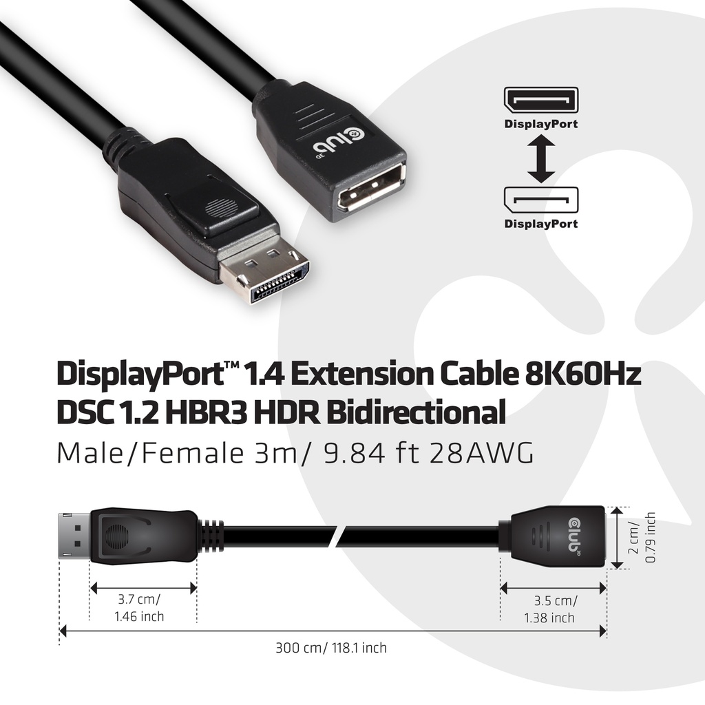 DisplayPort™ 1.4 Extension Cable 8K60Hz DSC 1.2 HBR3 HDR Bidirectional M/F 3m/9.84ft